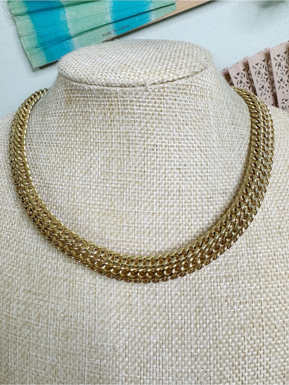 Monet Gold Plated Triple Row Flat Chain Collar Necklace 1980’s Runway